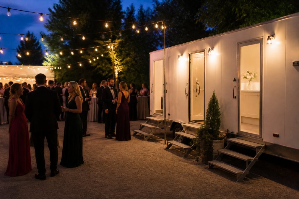 Royal Thrones Luxury vip portable toilets at an elegant outdoor wedding reception illuminated by warm string lights at dusk
